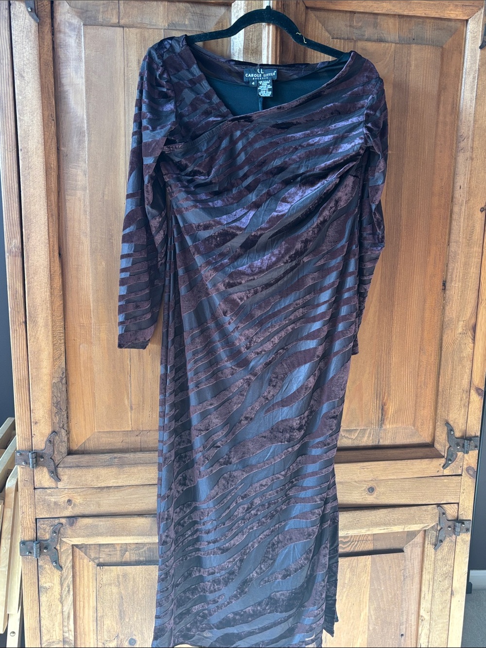 Carole Little Long Sleeve Wine Purple Zebra Striped Velvet-Stripe Dress